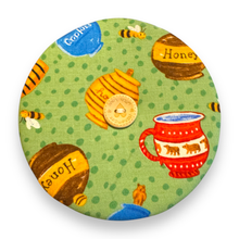 Load image into Gallery viewer, Upcycled double sided round padded playing card holder for kids or adults BURGER HONEY
