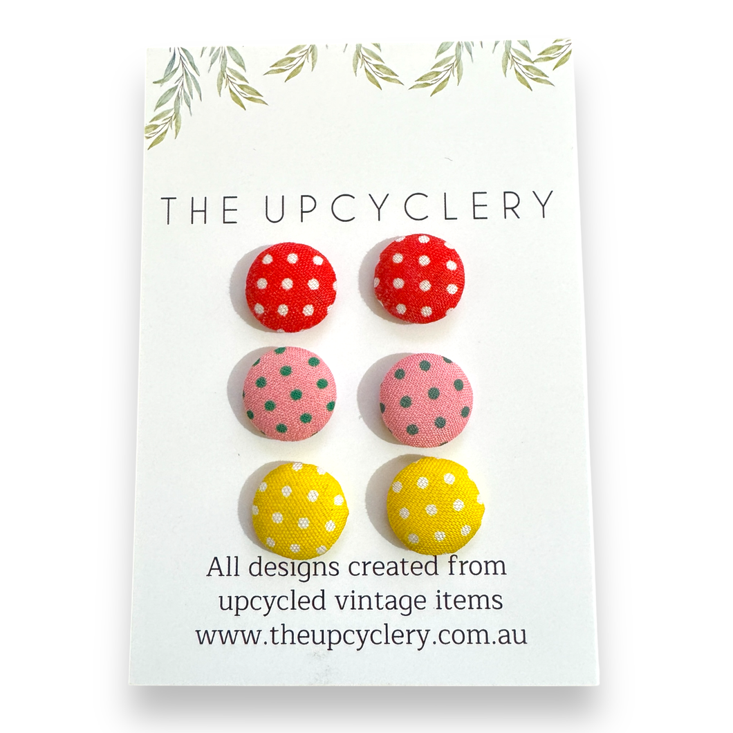 Upcycled fabric covered stud earrings with stainless steel posts - SET OF 3 PAIRS POLKA DOTS