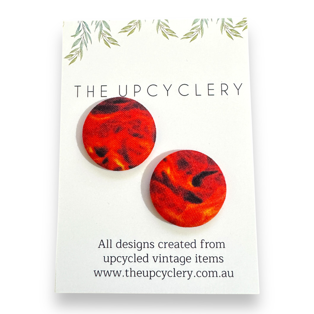 Upcycled fabric covered stud earrings with stainless steel posts - FLAMING FIRE