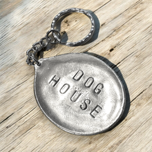 Load image into Gallery viewer, Upcycled repurposed silver plated DOG HOUSE keys KEYRING made from vintage spoon
