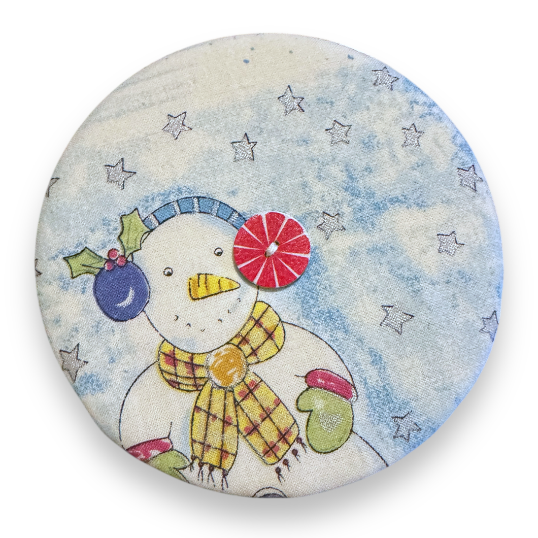 Upcycled double sided round padded playing card holder for kids or adults SNOWMAN