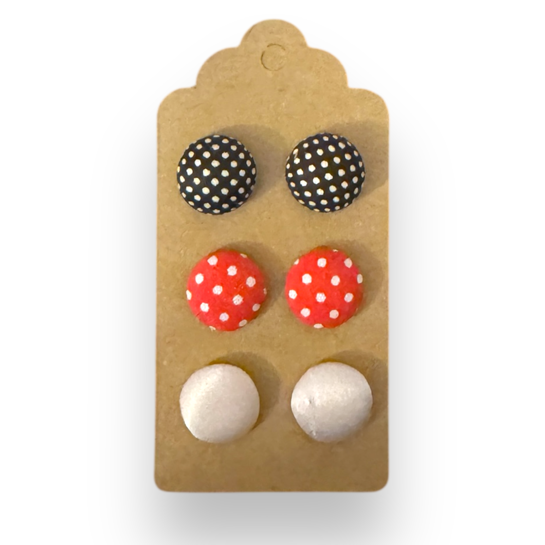 Upcycled fabric covered stud earrings with stainless steel posts - SET OF 3 Fifties style