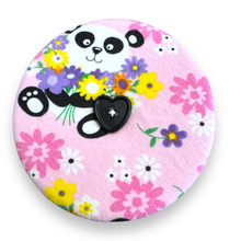 Load image into Gallery viewer, Upcycled double sided round padded playing card holder for kids or adults PANDAS &amp; UNICORNS
