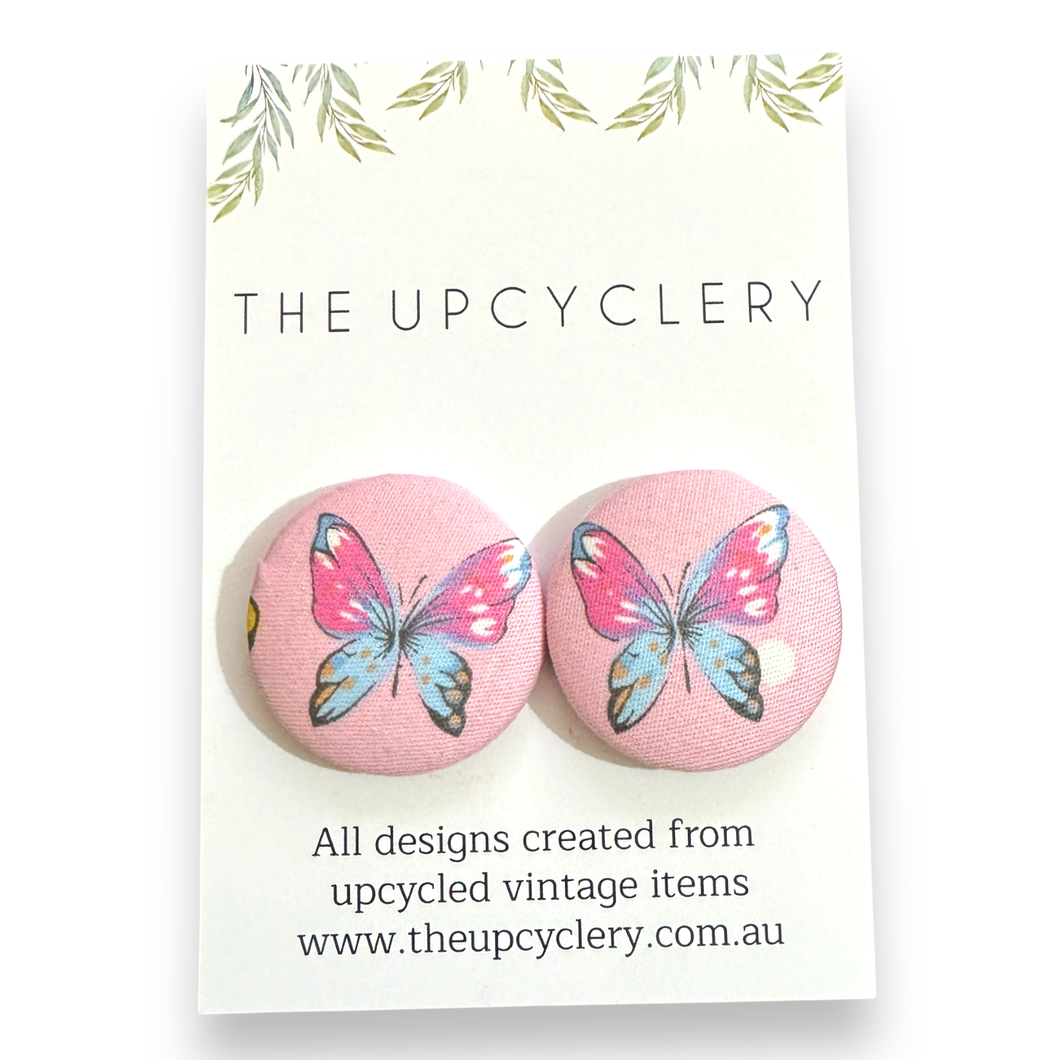 Upcycled fabric covered stud earrings with stainless steel posts - PINK BUTTERFLIES