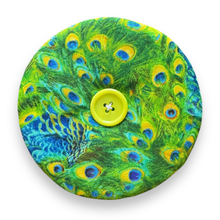 Load image into Gallery viewer, Upcycled double sided round padded playing card holder for kids or adults PEACOCKS &amp; BUTTERFLIES
