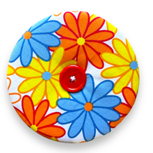 Load image into Gallery viewer, Upcycled double sided round padded playing card holder for kids or adults MONSTERA FLOWERS
