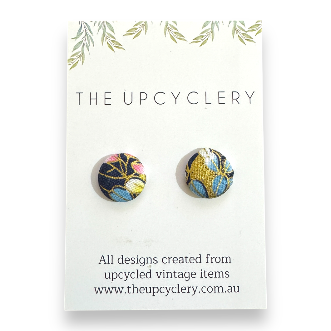 Upcycled fabric covered stud earrings with stainless steel posts - FLORAL GOLD