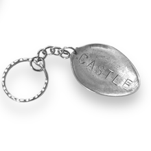 Load image into Gallery viewer, Upcycled repurposed silver plated CASTLE keys KEYRING made from vintage spoon
