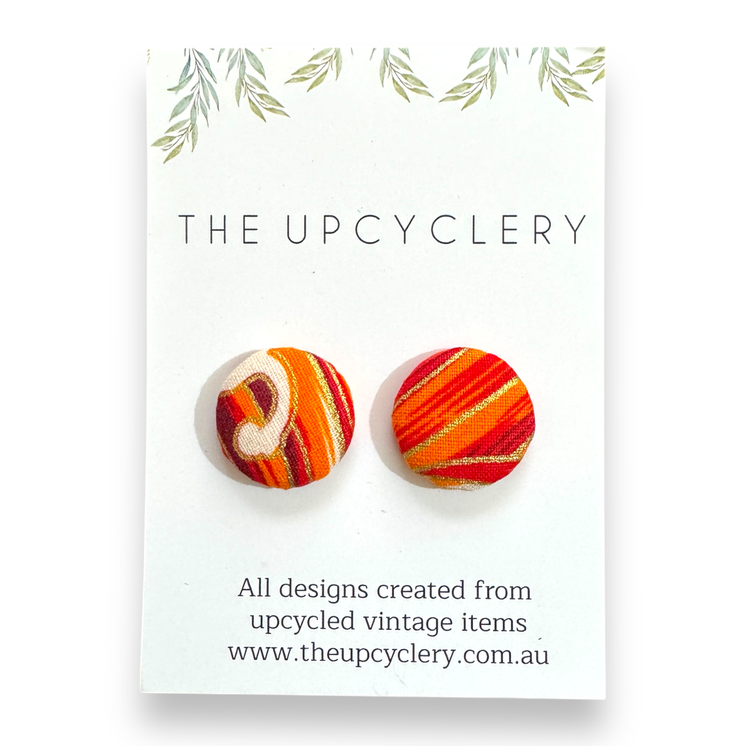 Upcycled fabric covered stud earrings with stainless steel posts - REDS ORANGES & GOLD