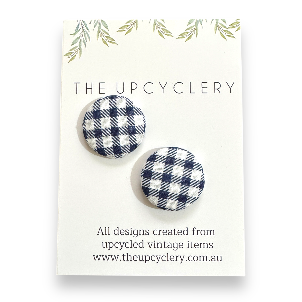 Upcycled fabric covered stud earrings with stainless steel posts - NAVY & WHITE GINGHAM