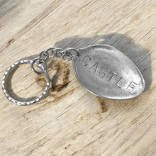 Load image into Gallery viewer, Upcycled repurposed silver plated CASTLE keys KEYRING made from vintage spoon
