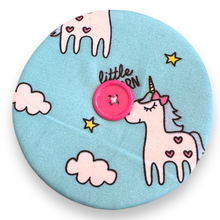 Load image into Gallery viewer, Upcycled double sided round padded playing card holder for kids or adults PANDAS &amp; UNICORNS
