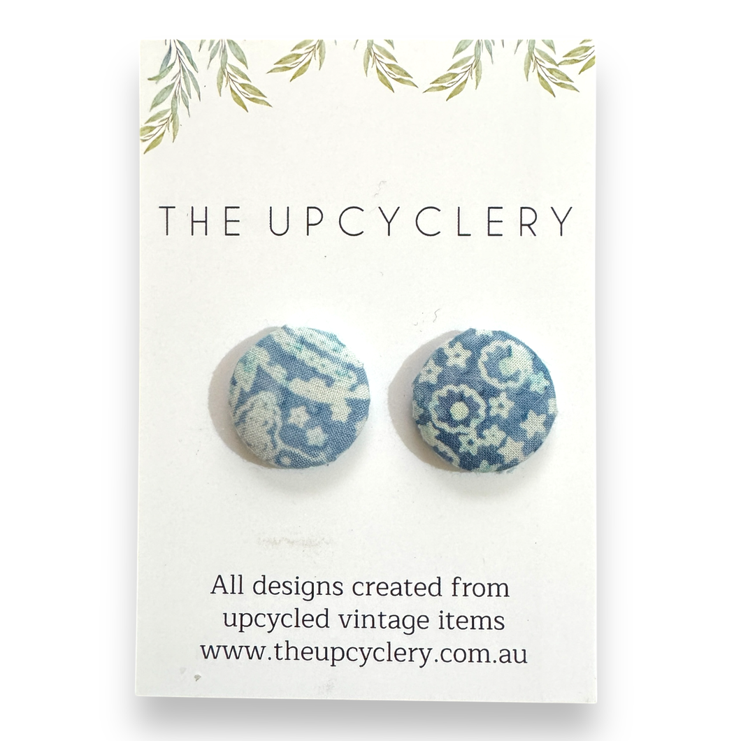 Upcycled fabric covered stud earrings with stainless steel posts - DENIM BATIK