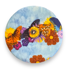 Load image into Gallery viewer, Upcycled double sided round padded playing card holder for kids or adults FLORAL BUTTERFLIES
