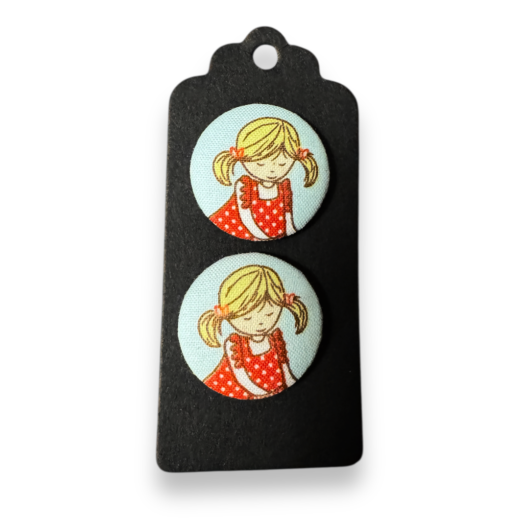 Upcycled fabric covered stud earrings with stainless steel posts - pigtail girl