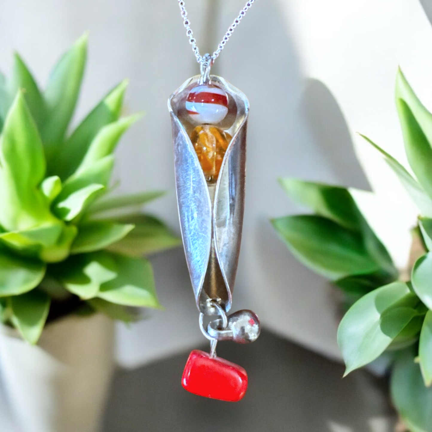 Stunning upcycled repurposed silver plated & glass beads pendant necklace made from vintage spoon