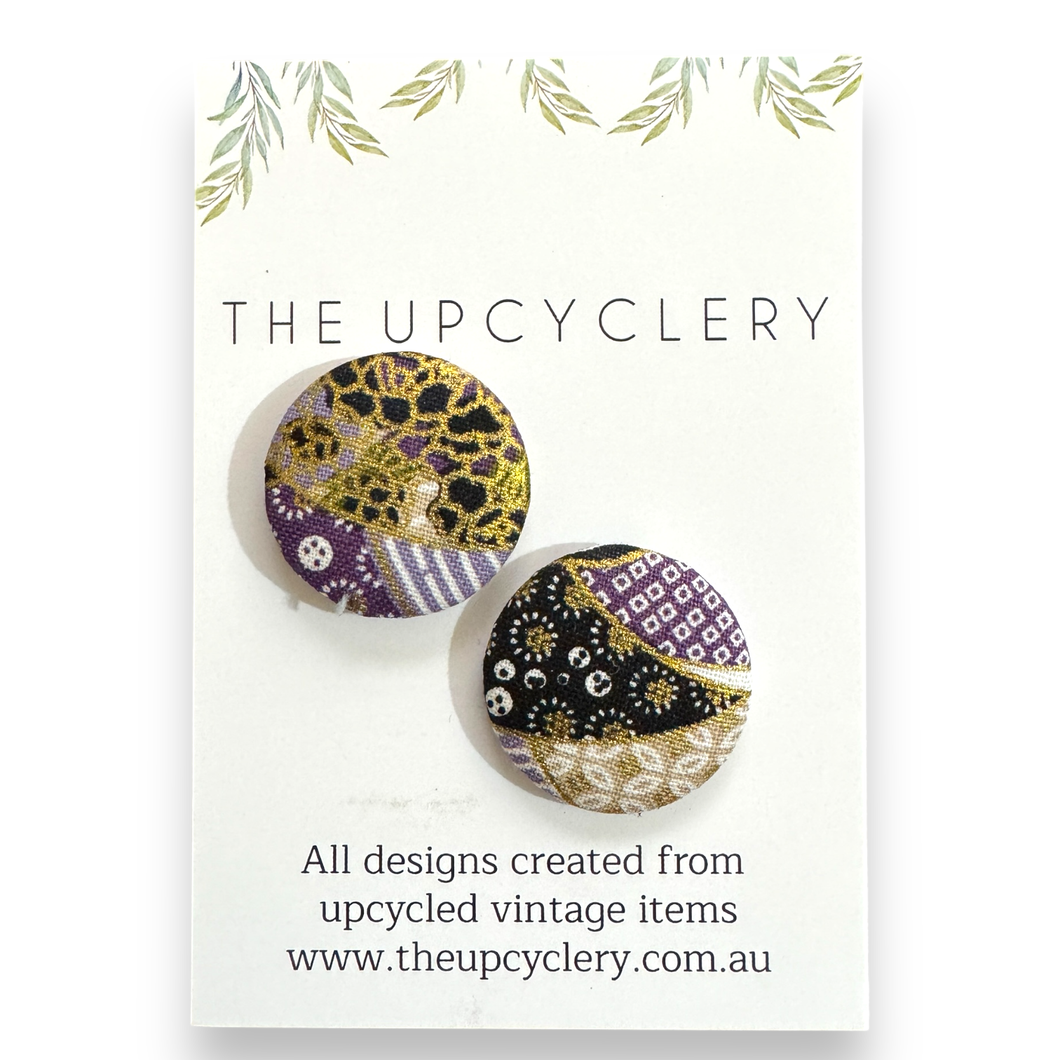 Upcycled fabric covered stud earrings with stainless steel posts - PURPLES & GOLD