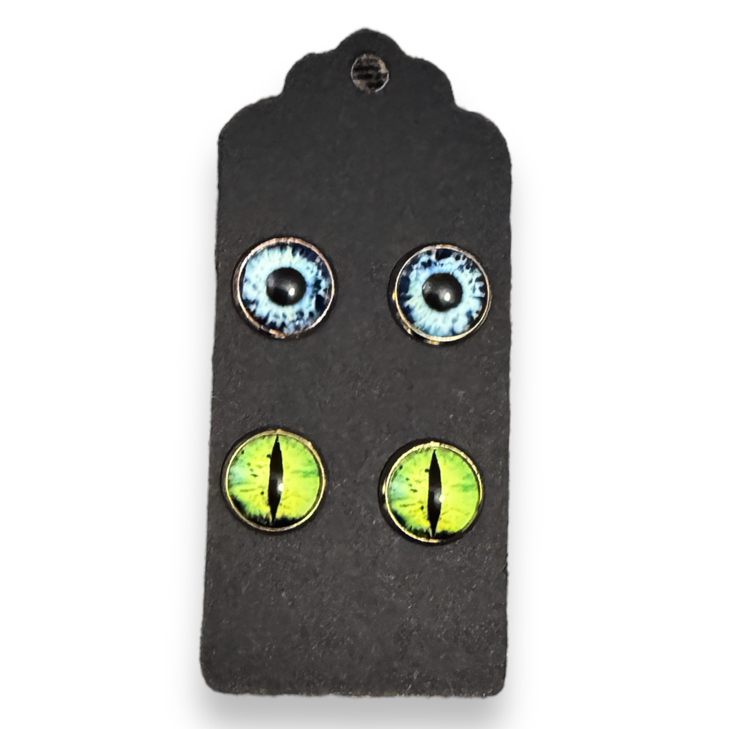 Upcycled two pairs of glass stud earrings with stainless steel posts - blue & green eyes