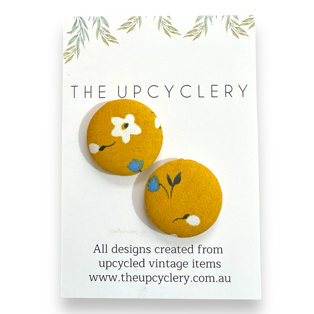 Upcycled fabric covered stud earrings with stainless steel posts - MUSTARD FLORAL