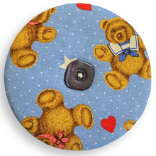Load image into Gallery viewer, Upcycled double sided round padded playing card holder for kids or adults BLUE TEDDIES
