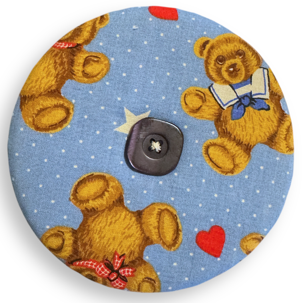 Upcycled double sided round padded playing card holder for kids or adults BLUE TEDDIES