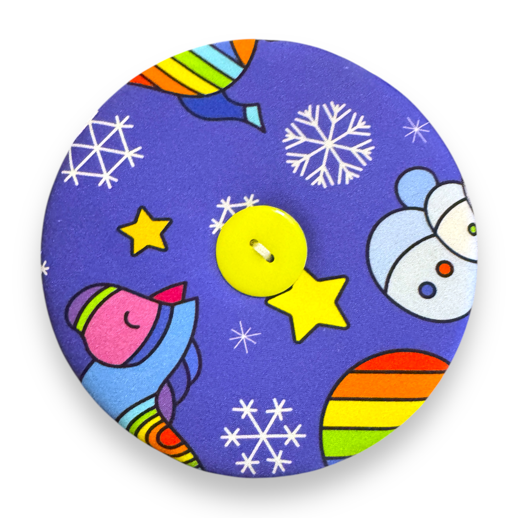 Upcycled double sided round padded playing card holder for kids or adults SNOWFLAKE