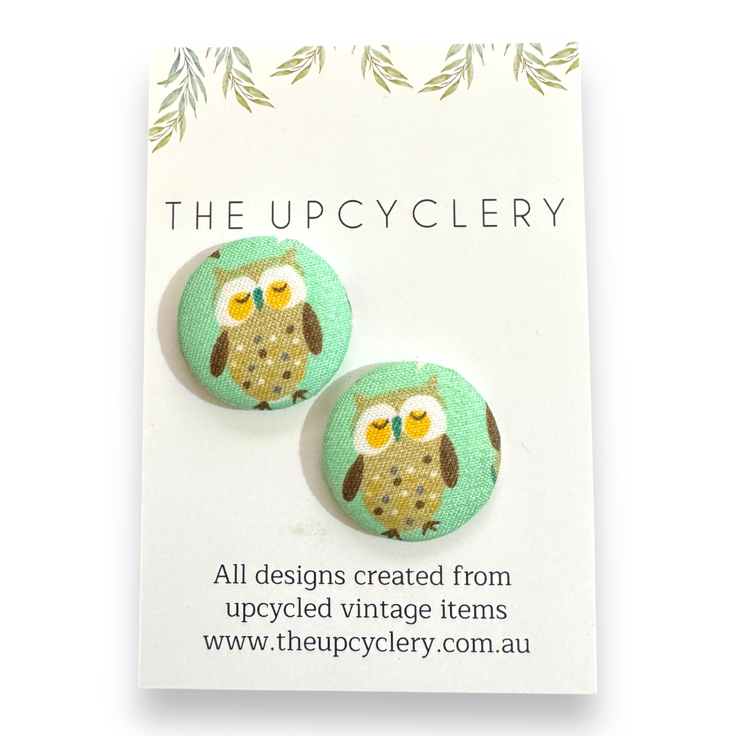 Upcycled fabric covered stud earrings with stainless steel posts - AQUA OWLS