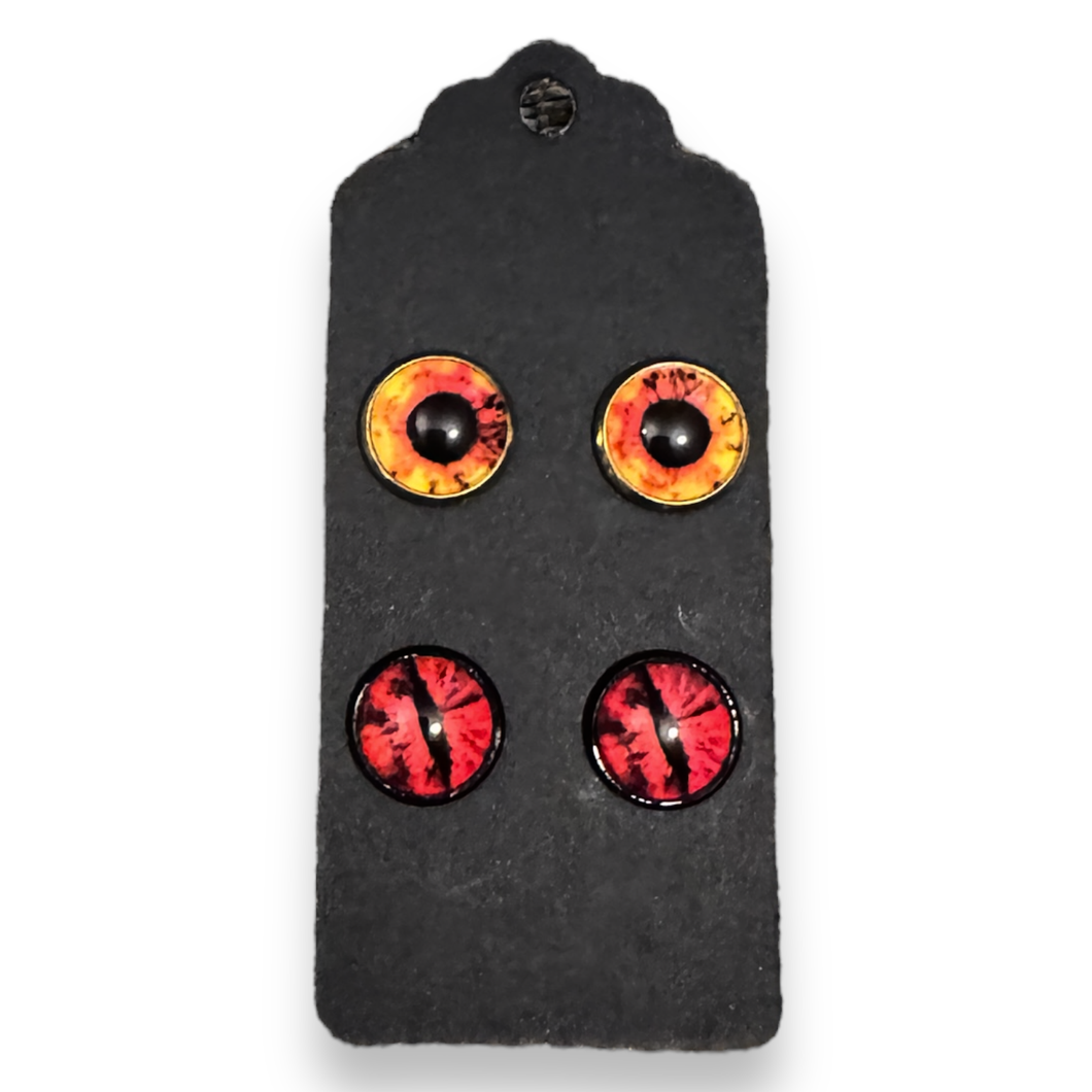 Upcycled two pairs of glass stud earrings with stainless steel posts - RED EYES