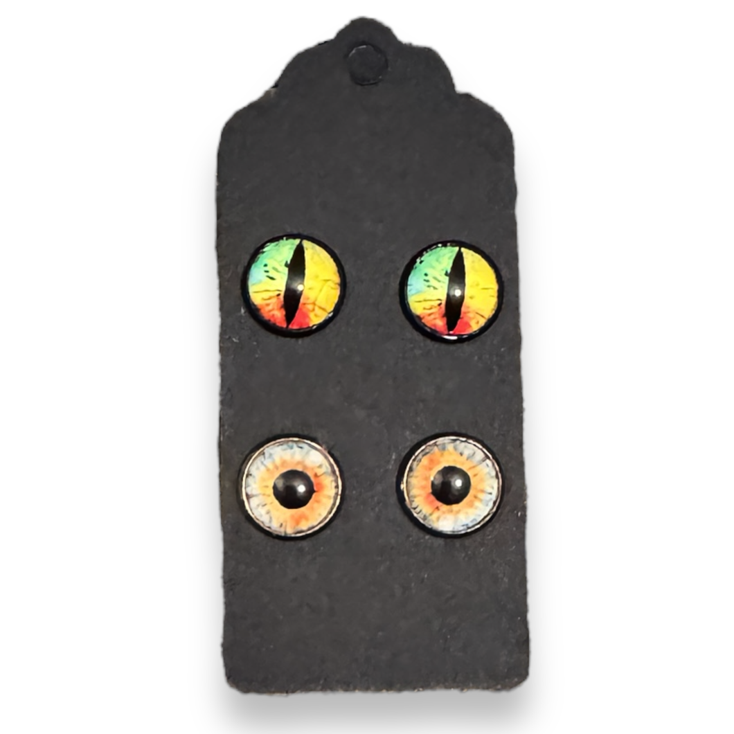 Upcycled two pairs of glass stud earrings with stainless steel posts - vibrant eyes