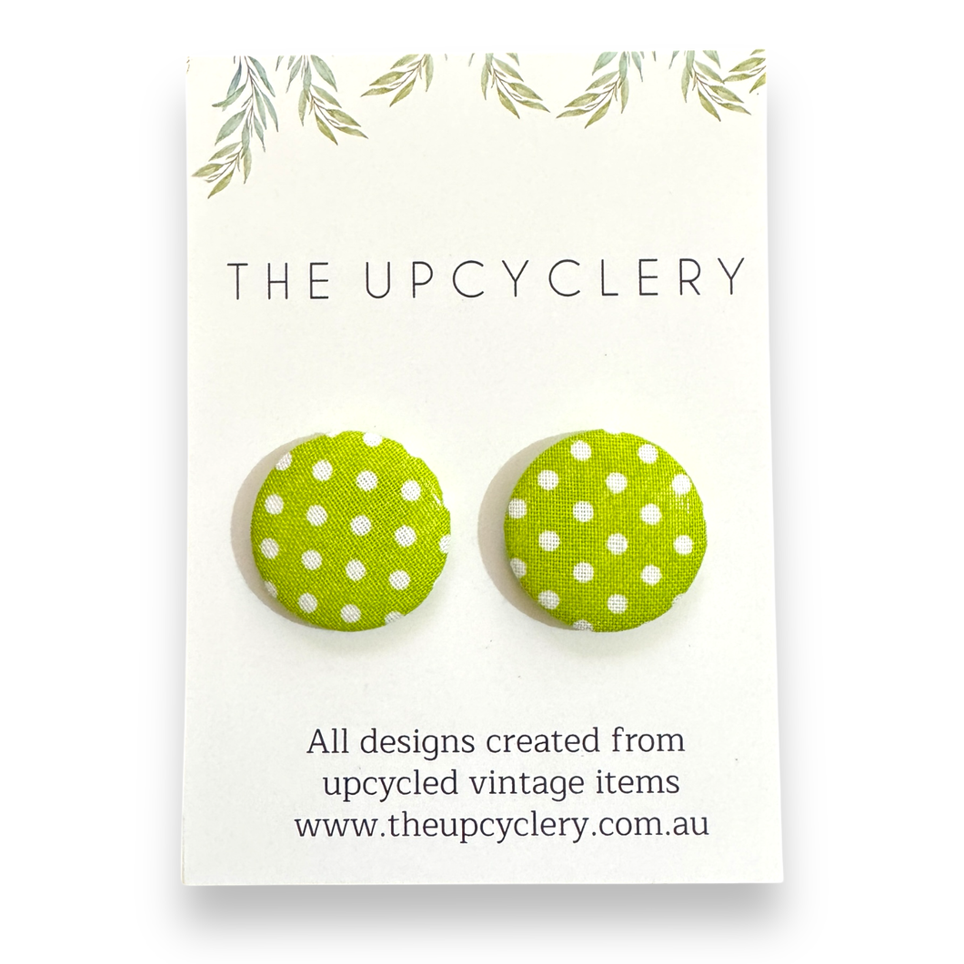 Upcycled fabric covered stud earrings with stainless steel posts - LIME POLKA DOTS