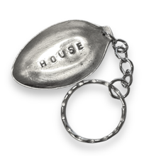 Load image into Gallery viewer, Upcycled repurposed silver plated HOUSE keys KEYRING made from vintage spoon
