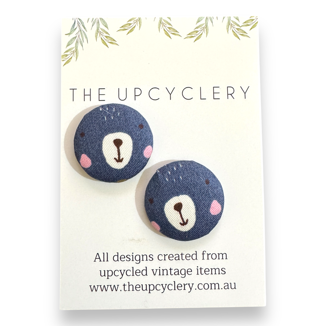 Upcycled fabric covered stud earrings with stainless steel posts - NAVY BEARS