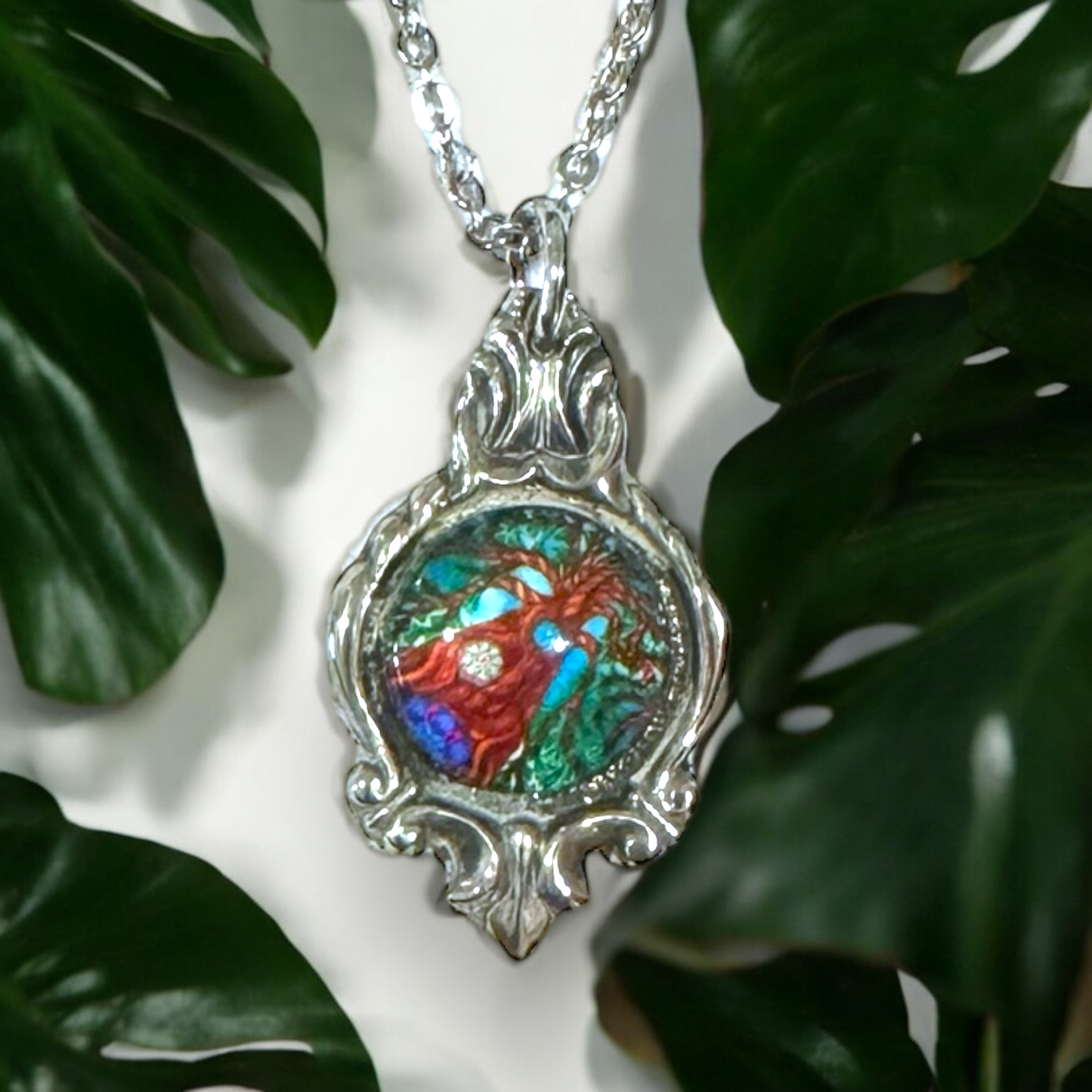 Stunning upcycled repurposed silver plated & glass pendant necklace made from vintage spoon