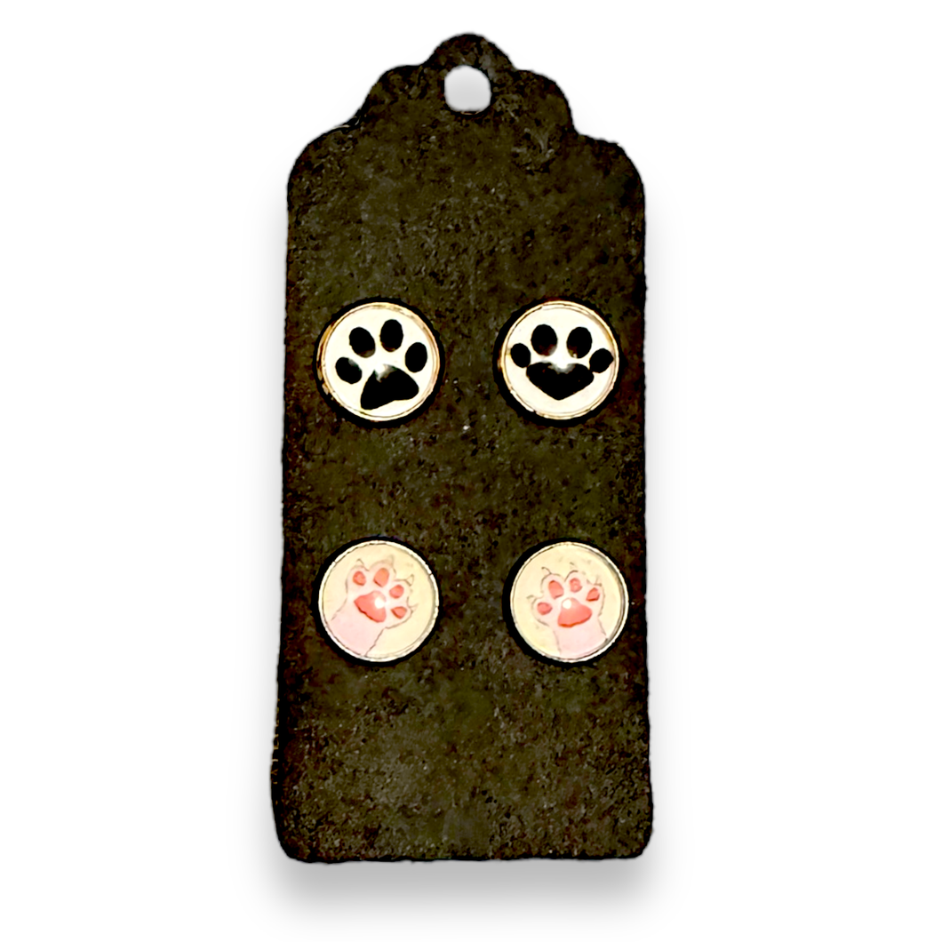 Upcycled two pairs of glass stud earrings with stainless steel posts - animal pawprints