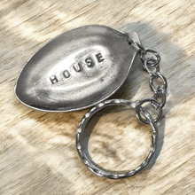 Load image into Gallery viewer, Upcycled repurposed silver plated HOUSE keys KEYRING made from vintage spoon
