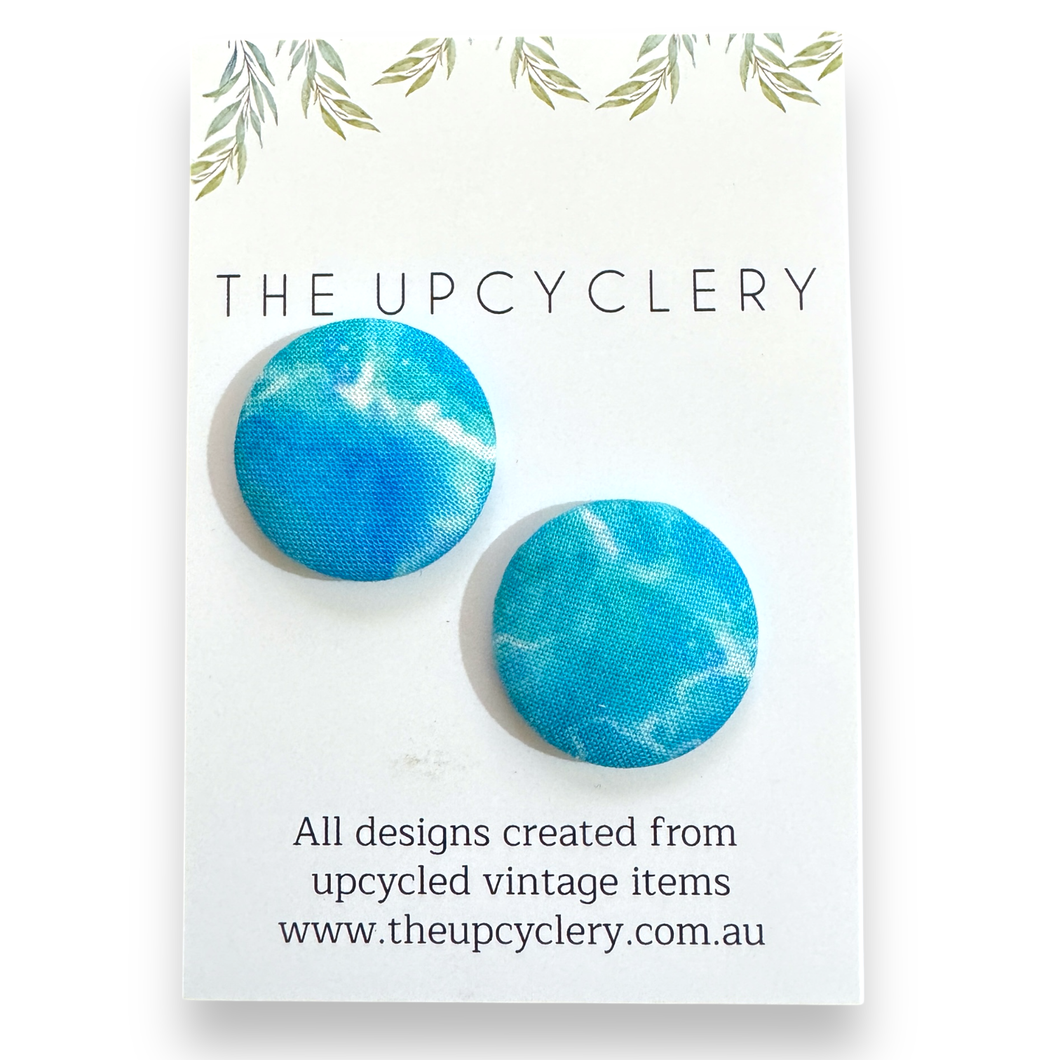 Upcycled fabric covered stud earrings with stainless steel posts - TURQUOISE SEA