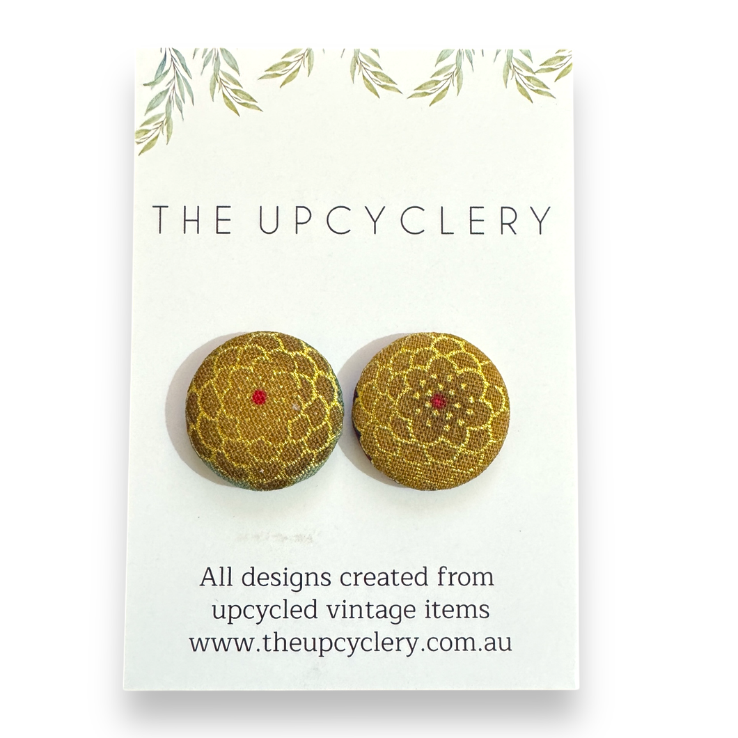 Upcycled fabric covered stud earrings with stainless steel posts - GOLD FLOWERS