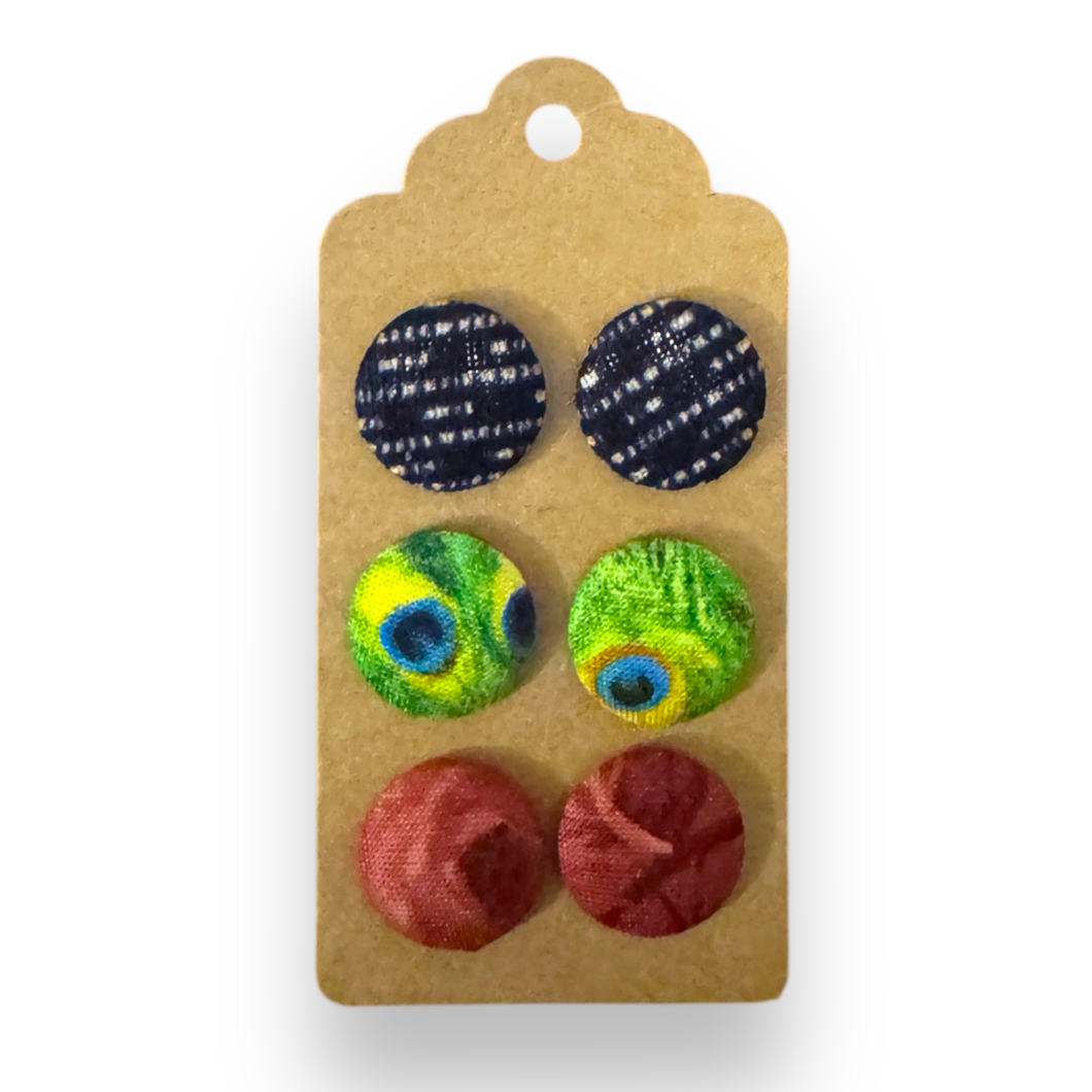 Upcycled fabric covered stud earrings with stainless steel posts - peacock fun