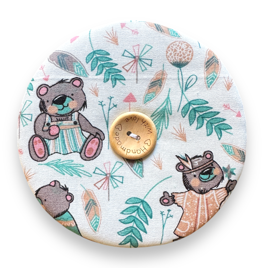 Upcycled double sided round padded playing card holder for kids or adults WOODLAND BEARS