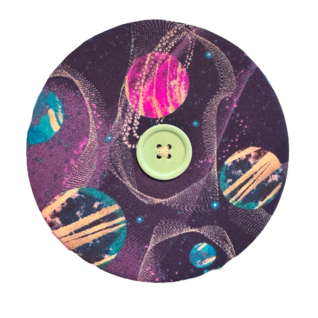 Upcycled double sided round padded playing card holder for kids or adults PURPLE PLANETS