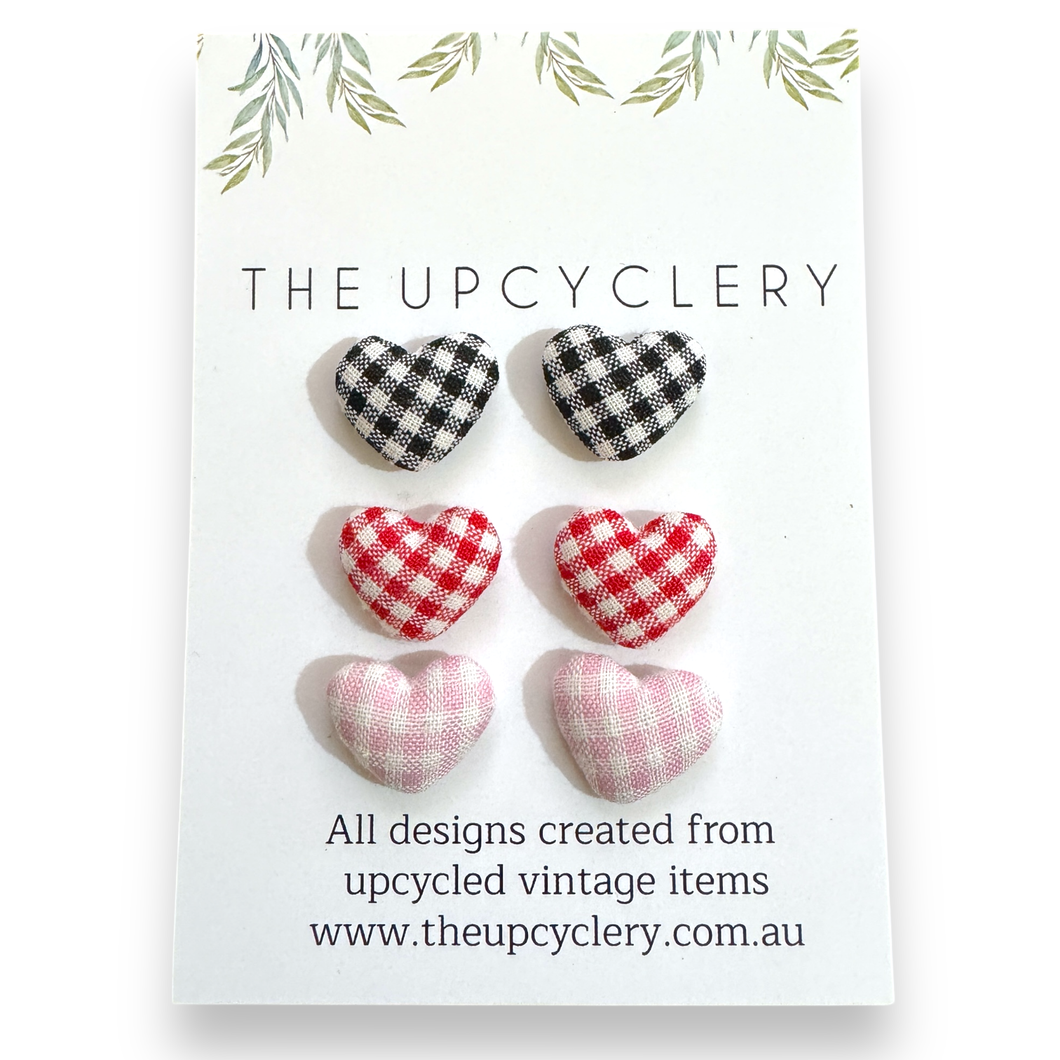 Upcycled fabric covered stud earrings with stainless steel posts - SET OF 3 PAIRS GINGHAM HEARTS