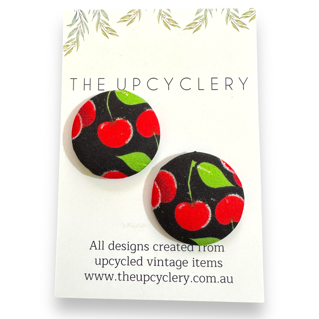 Upcycled fabric covered stud earrings with stainless steel posts - BLACK CHERRIES & SILVER