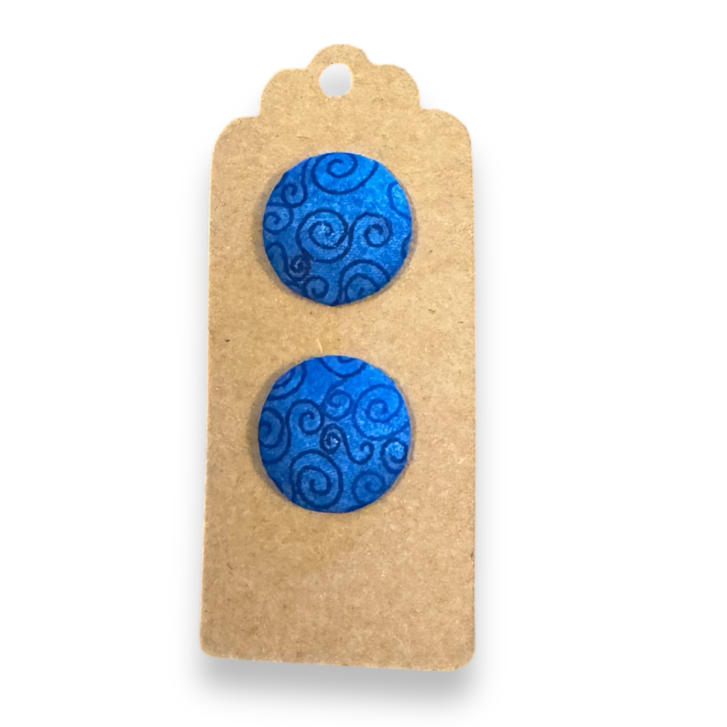 Upcycled fabric covered stud earrings with stainless steel posts - swirly blues
