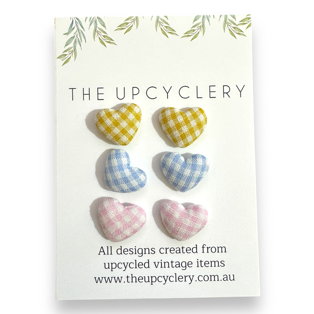 Upcycled fabric covered stud earrings with stainless steel posts - SET OF 3 PAIRS GINGHAM HEARTS