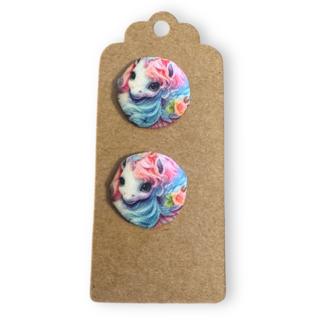 Upcycled fabric covered stud earrings with stainless steel posts - unicorns