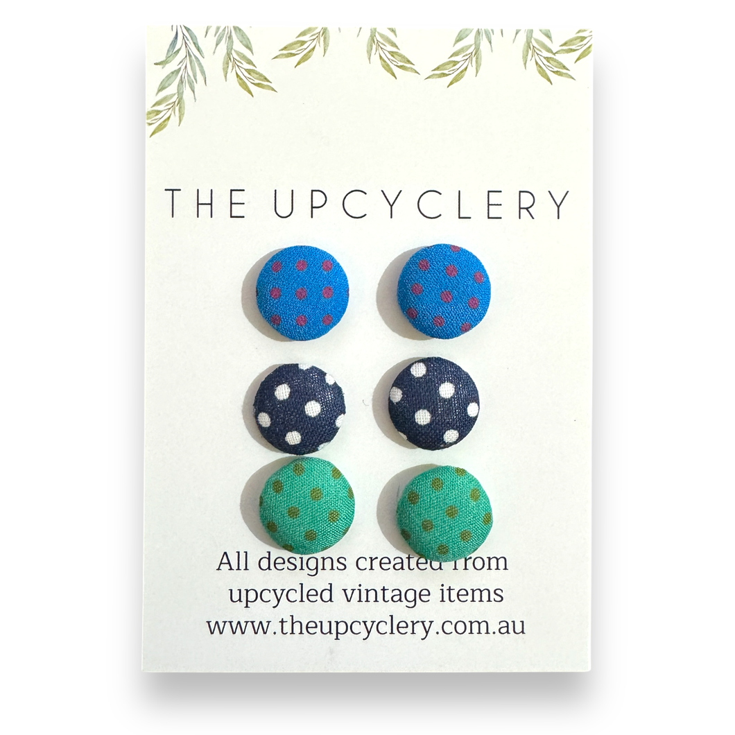 Upcycled fabric covered stud earrings with stainless steel posts - SET OF 3 PAIRS