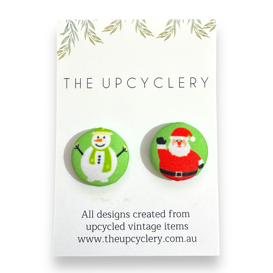 Upcycled fabric covered stud earrings with stainless steel posts - SANTA & SNOWMAN CHRISTMAS