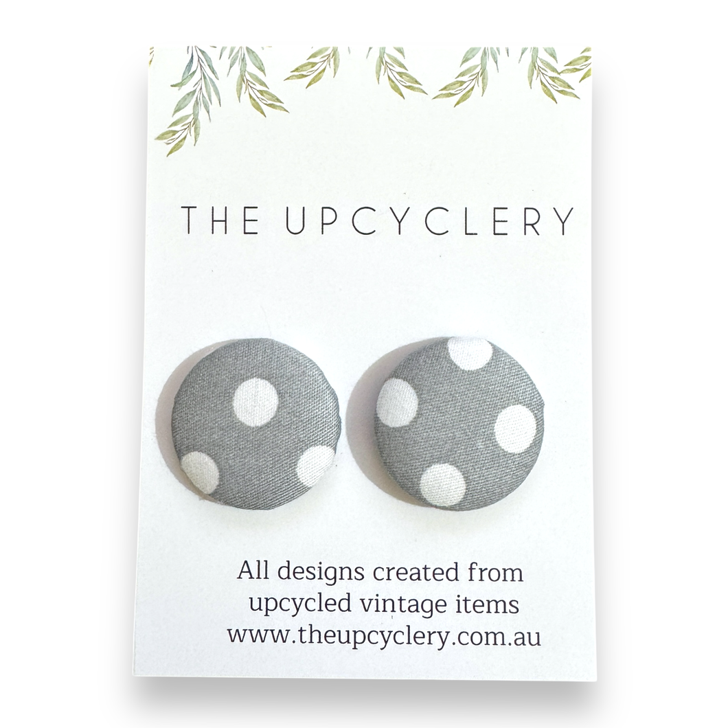 Upcycled fabric covered stud earrings with stainless steel posts - GREY POLKA