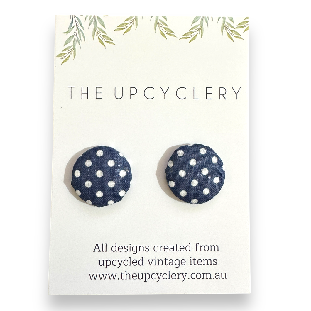 Upcycled fabric covered stud earrings with stainless steel posts - NAVY POLKA