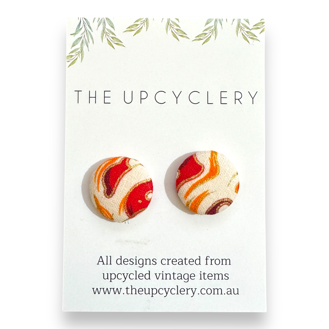 Upcycled fabric covered stud earrings with stainless steel posts - MARBLE REDS & GOLD
